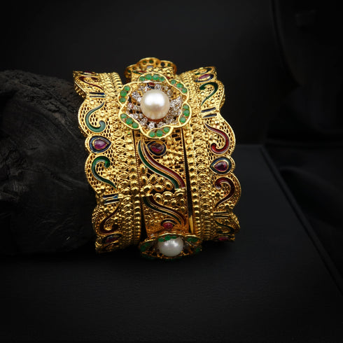 Silver Luminous Gold-Touched Pearl Bangles DS 109