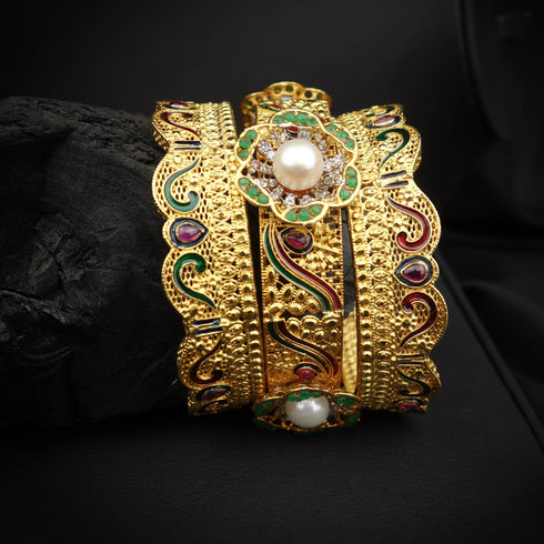 Silver Luminous Gold-Touched Pearl Bangles DS 109