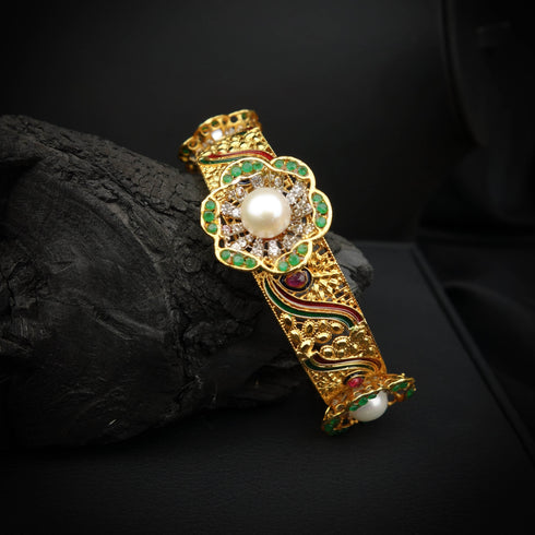 Silver Luminous Gold-Touched Pearl Bangles DS 109