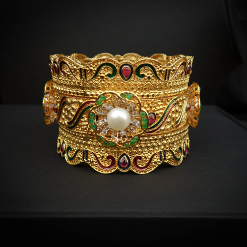 Silver Luminous Gold-Touched Pearl Bangles DS 109