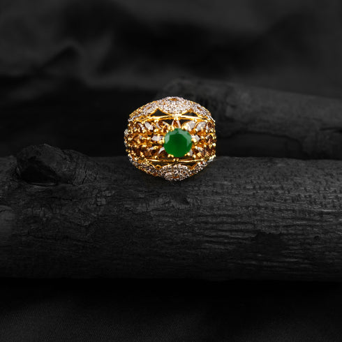 Emerald green Gold Look Silver Ring-DS 56