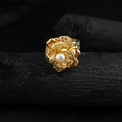 Elegant Floral Pearl Silver Ring with Sparkling Accents-DS 73