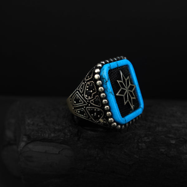 Turkish Black Zircon and With Turquois Silver ring-DS 91